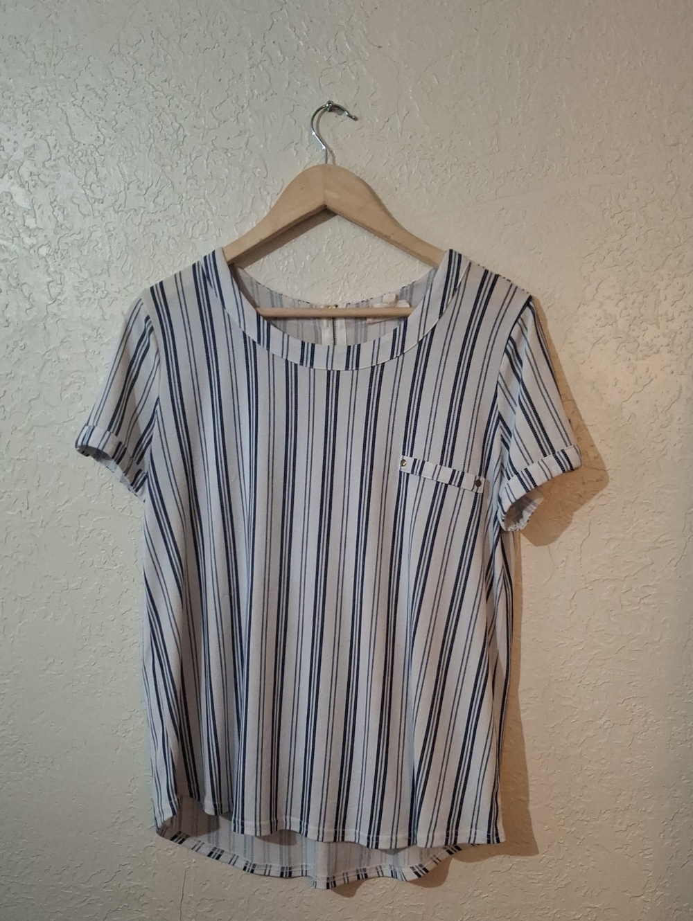 The Workshop White Top with Navy Vertical Stripes